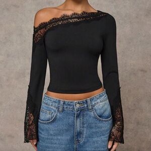 Black lace off shoulder long sleeve wide sleeve lace trim detail stretchy top